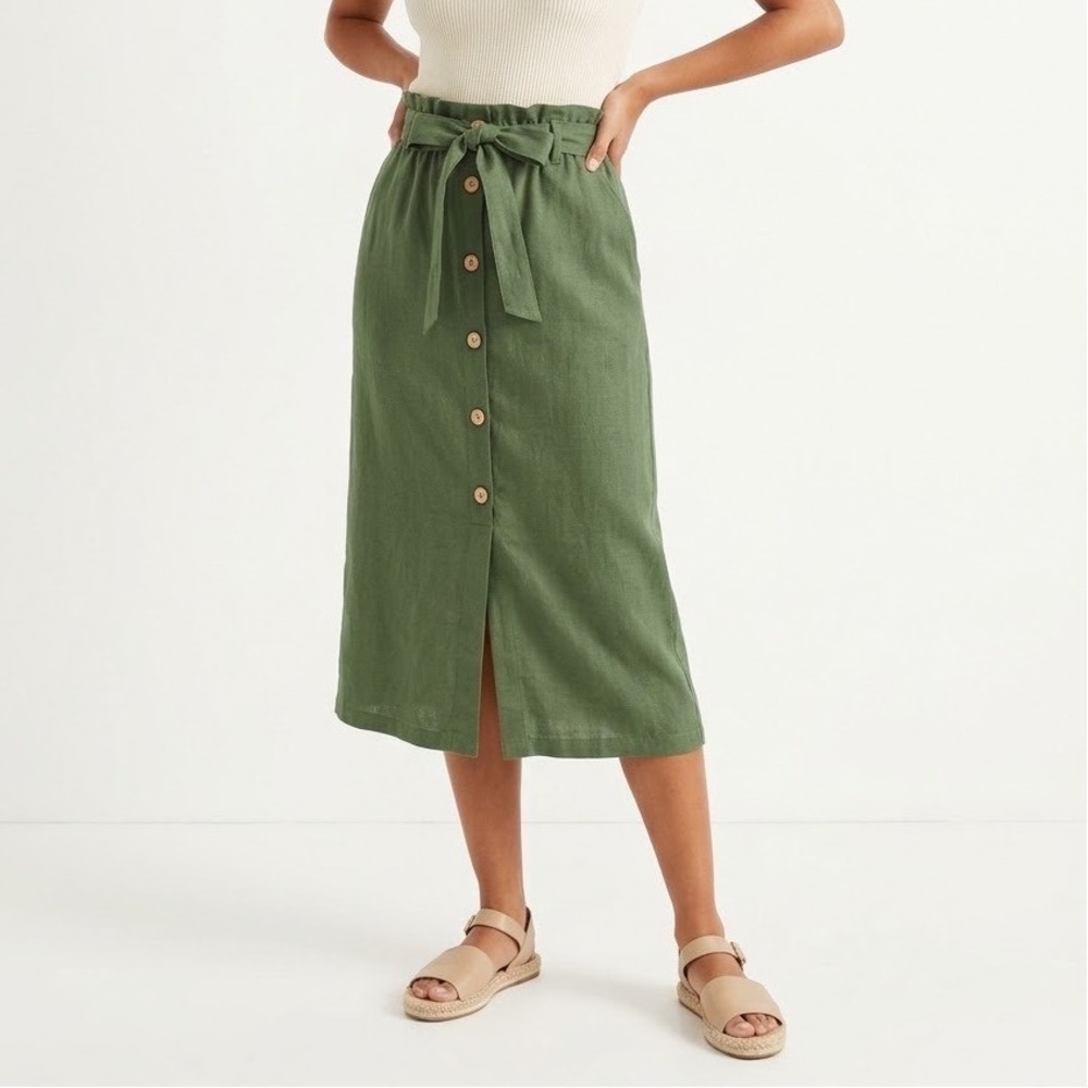 Love Tree Olive Green Linen Blend Paperbag Waist Button Front Midi Skirt S